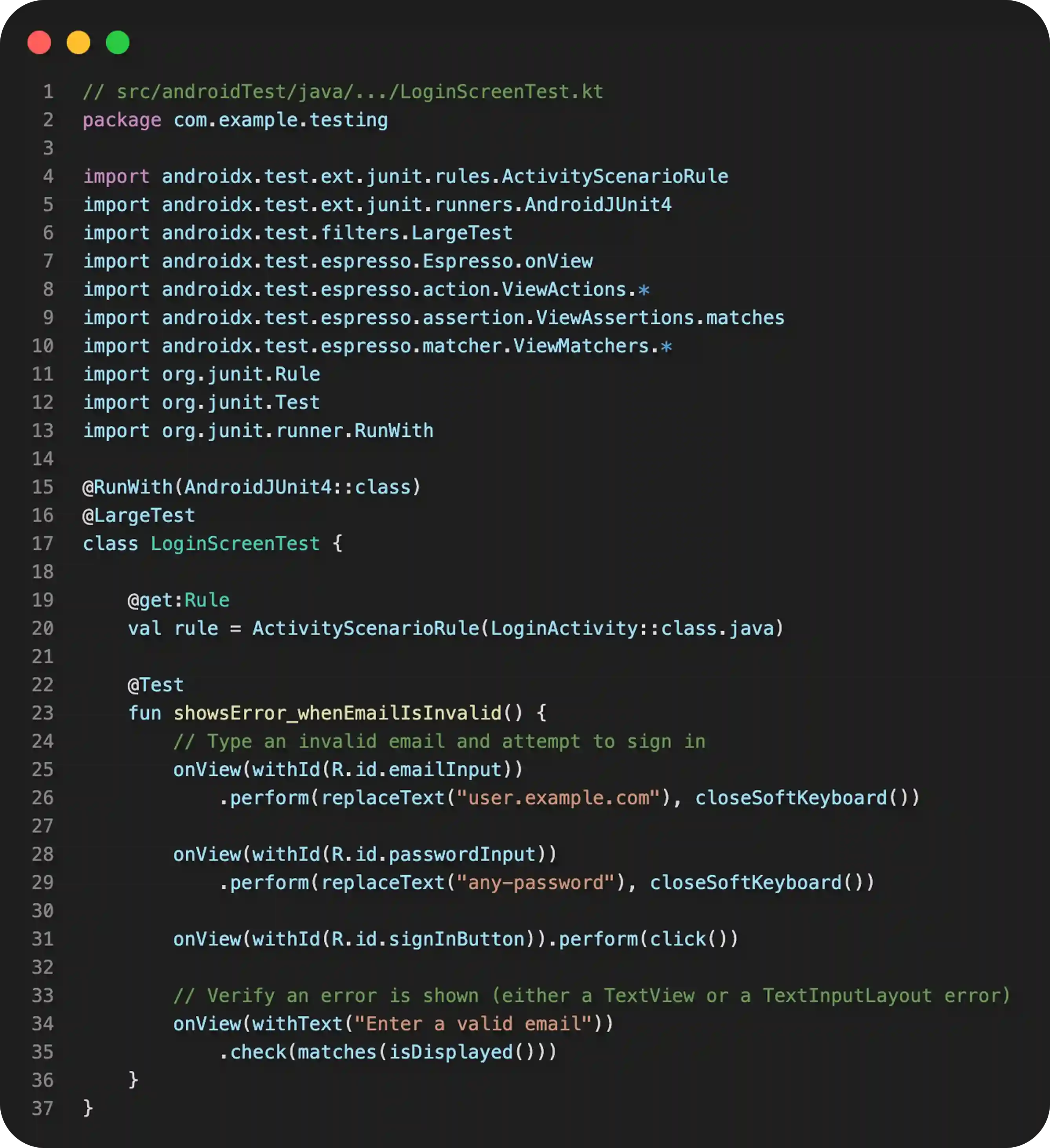 Android UI test example with Espresso for login screen validation