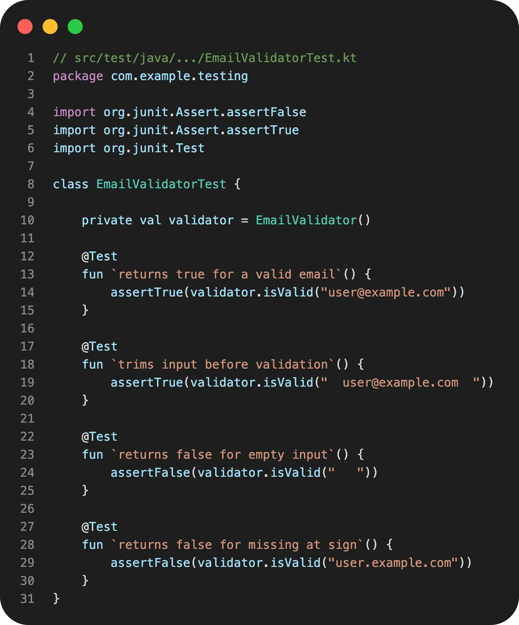 JUnit unit test example for Android app input validation