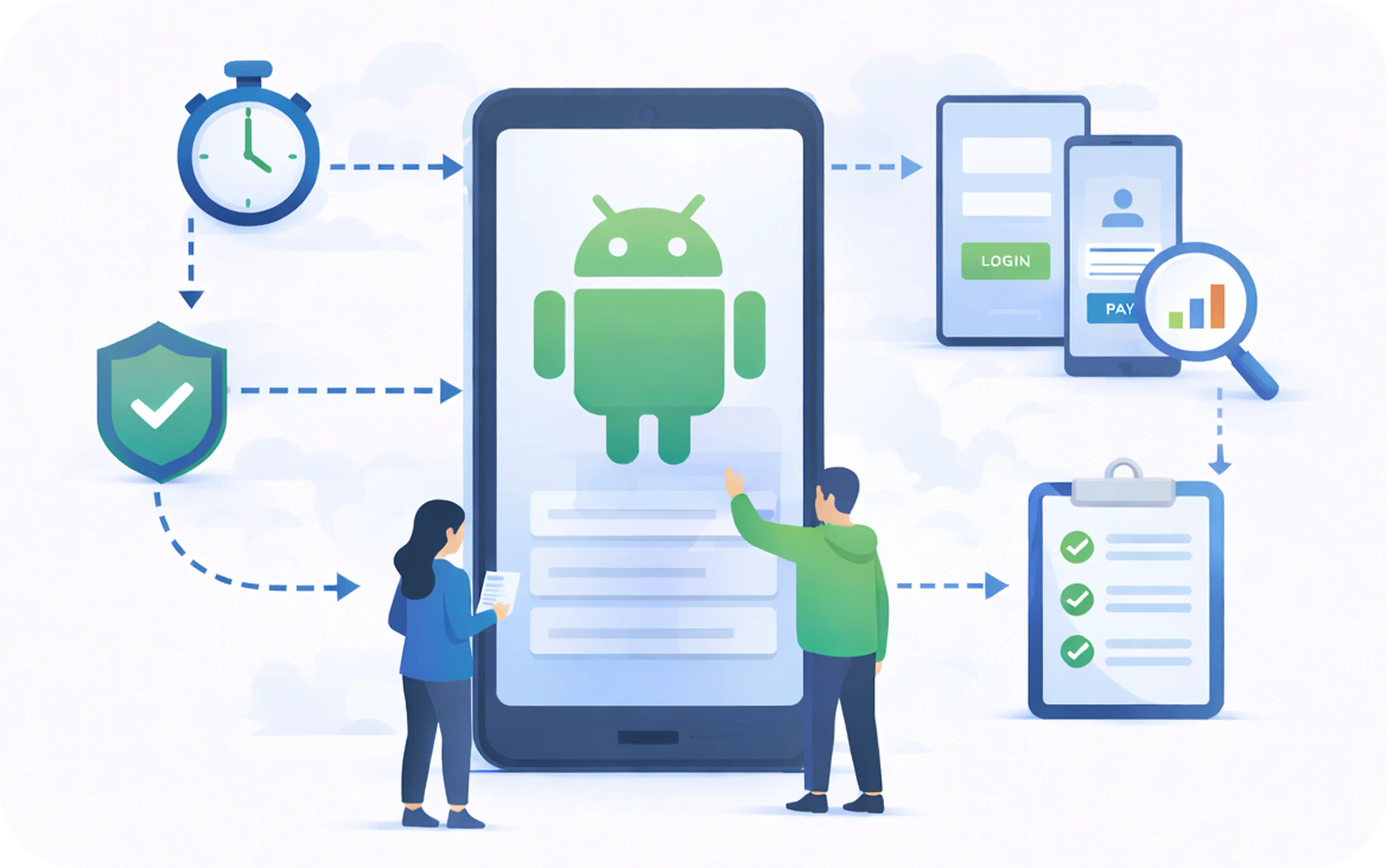 Android app testing workflow for login, payments, security, and QA validation