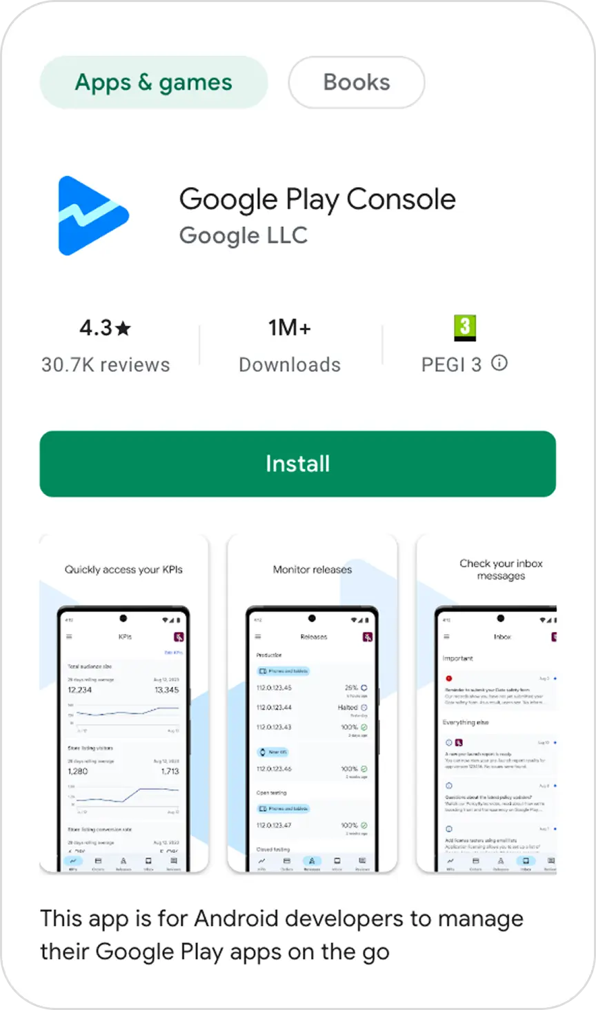 Google Play Console app for managing Android app releases and updates