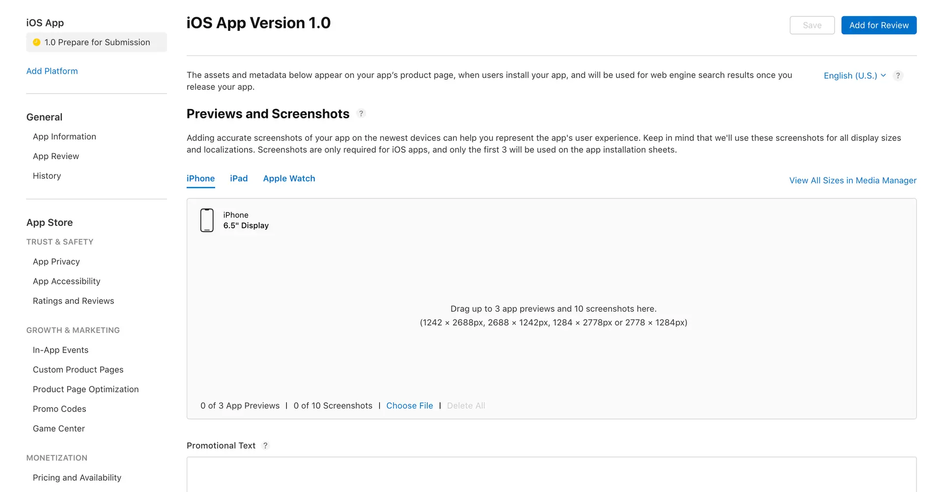 App Store Connect prepare for review screen with iOS app metadata and screenshots