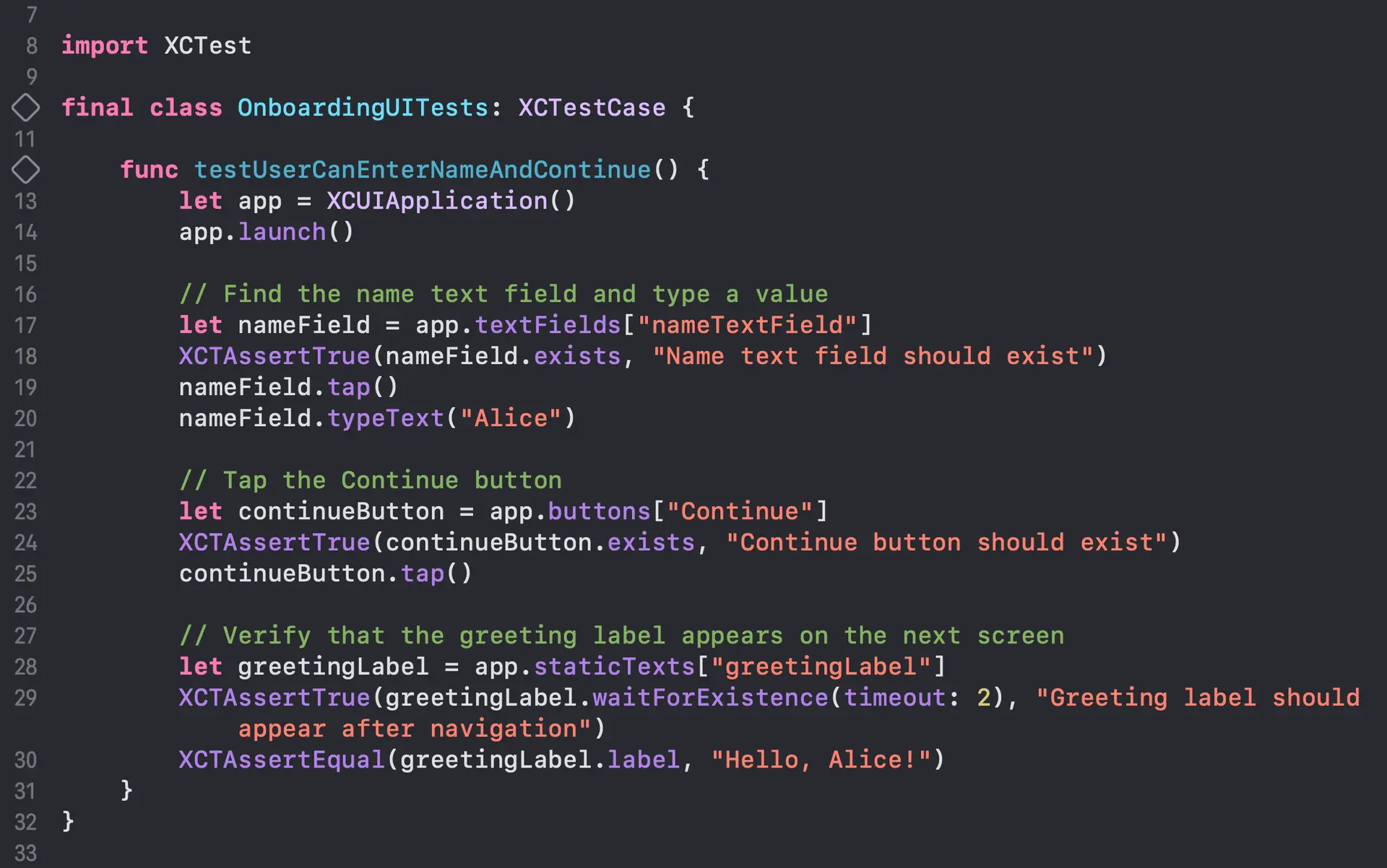 XCUITest UI test example for iOS onboarding flow and screen navigation