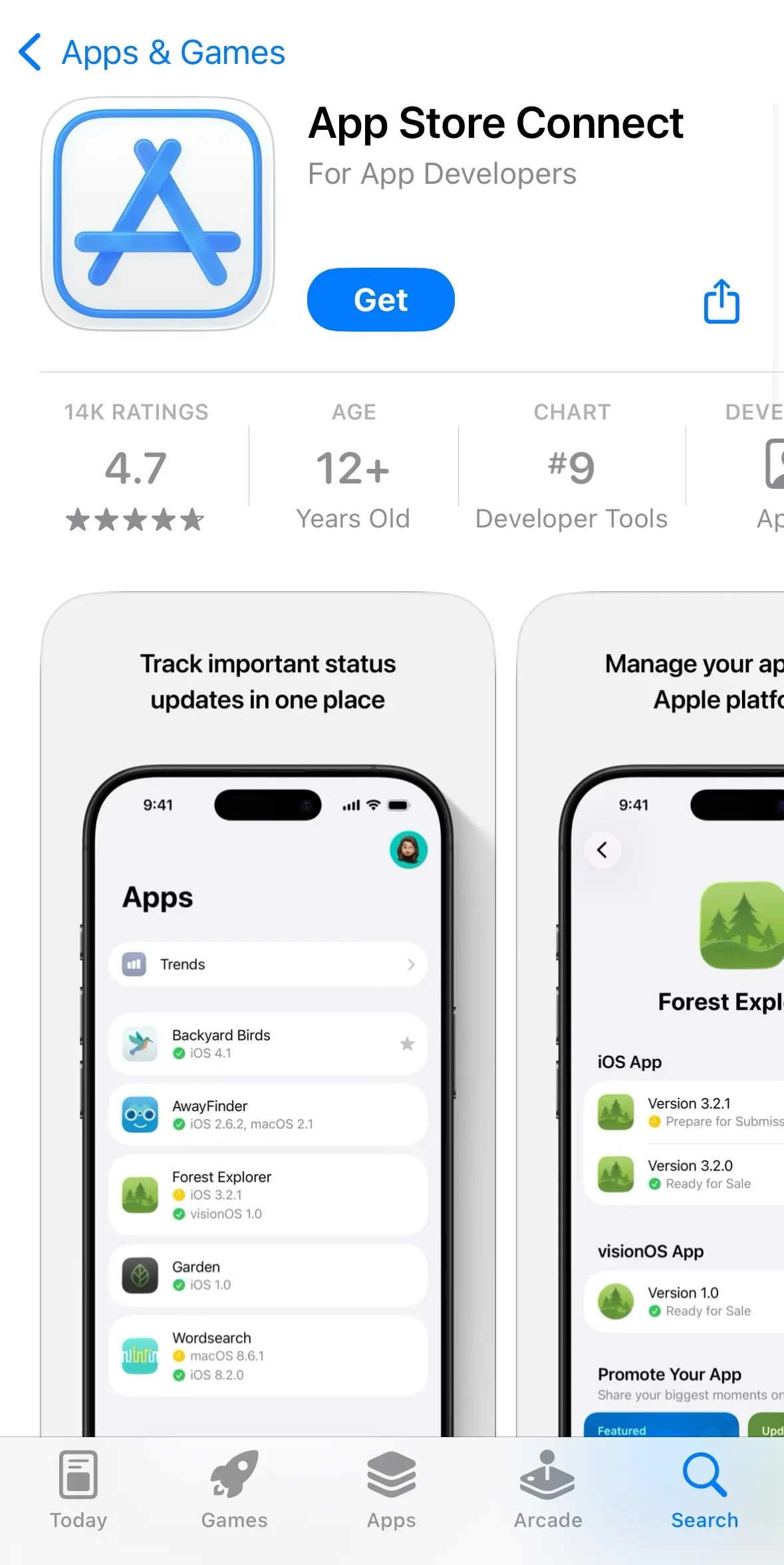 App Store Connect app for managing iOS app releases and submission status