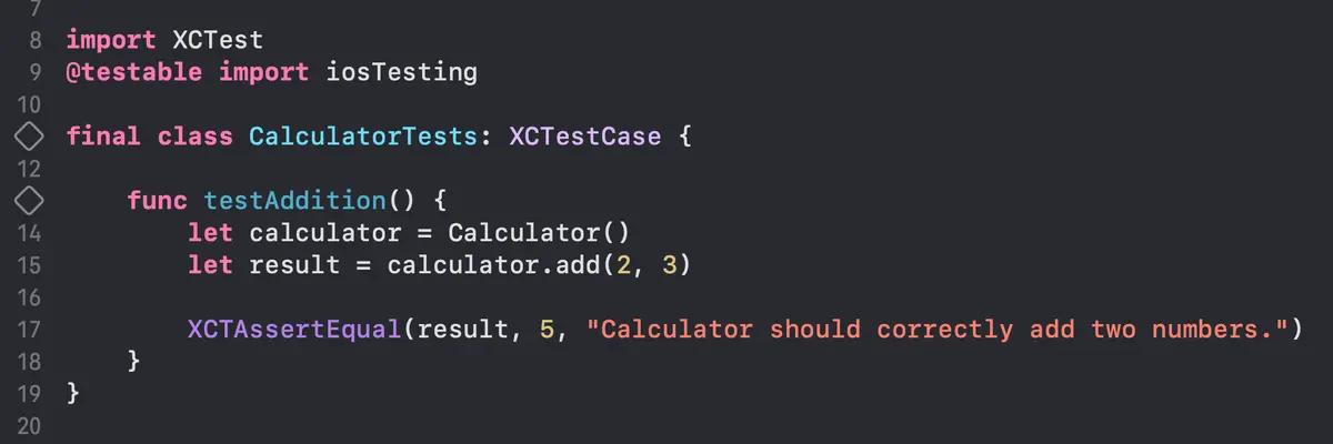 XCTest unit test example for verifying Swift calculator logic on iOS