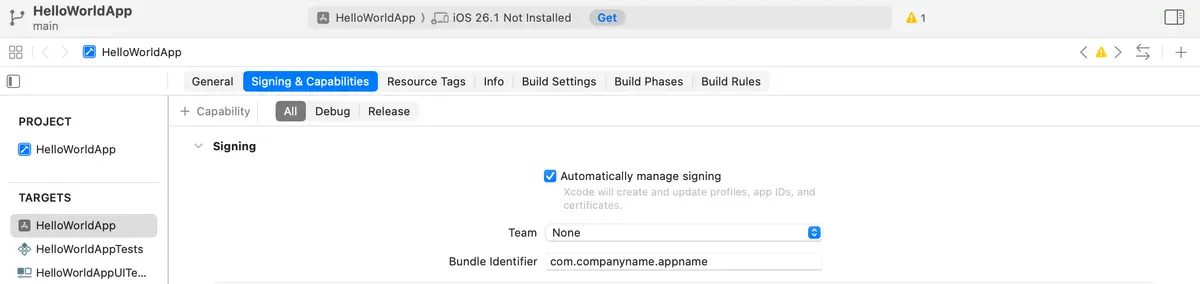 Xcode automatic code signing settings for iOS certificates provisioning profiles and team selection