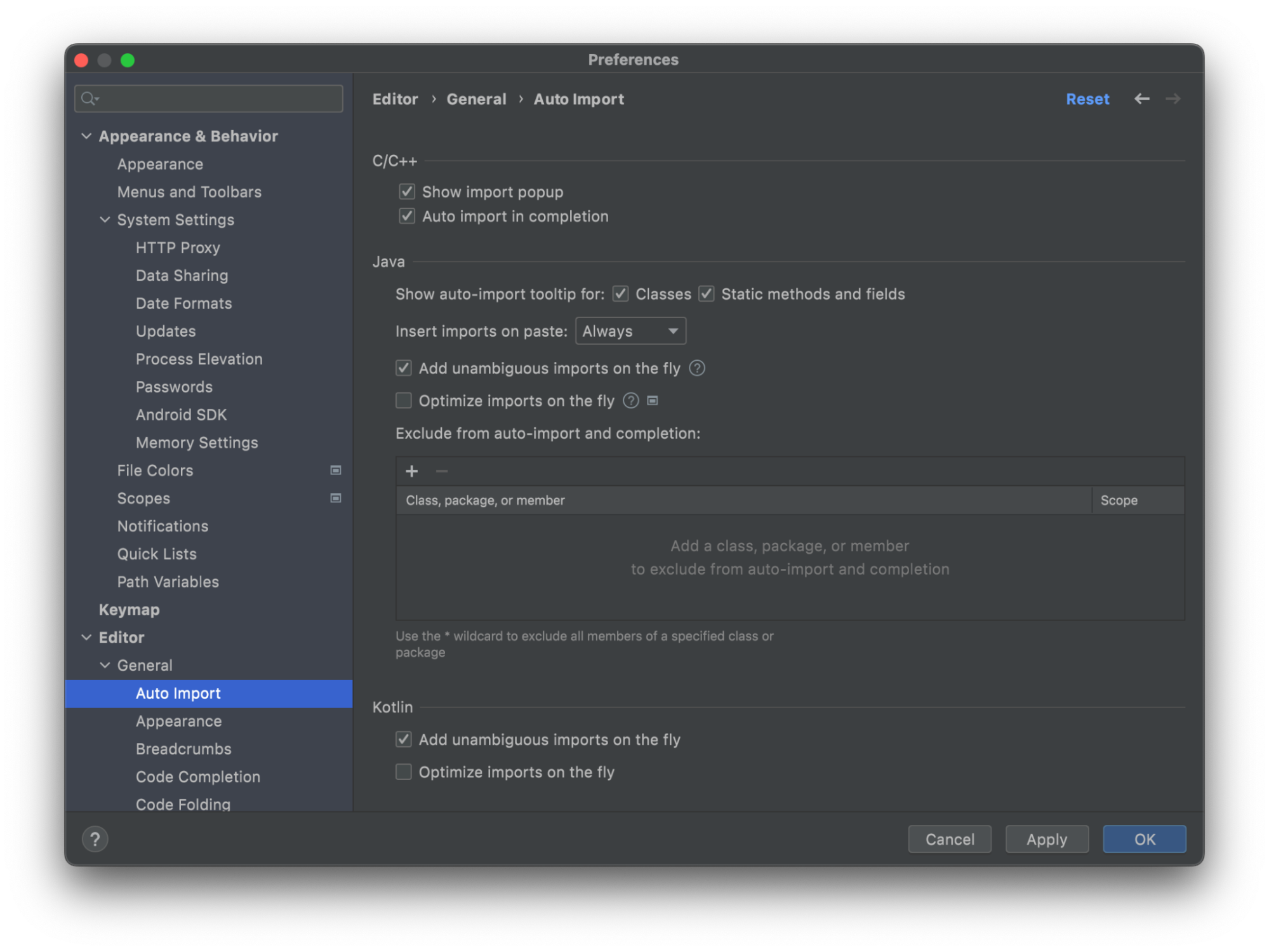 Preferences > Editor > General > Auto Import menu