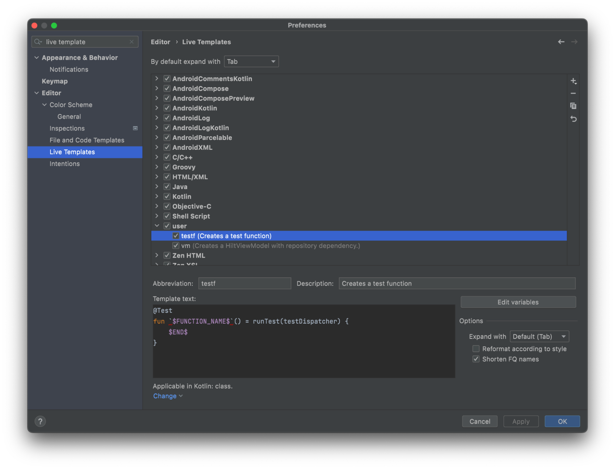Android studio Create Live Templates
