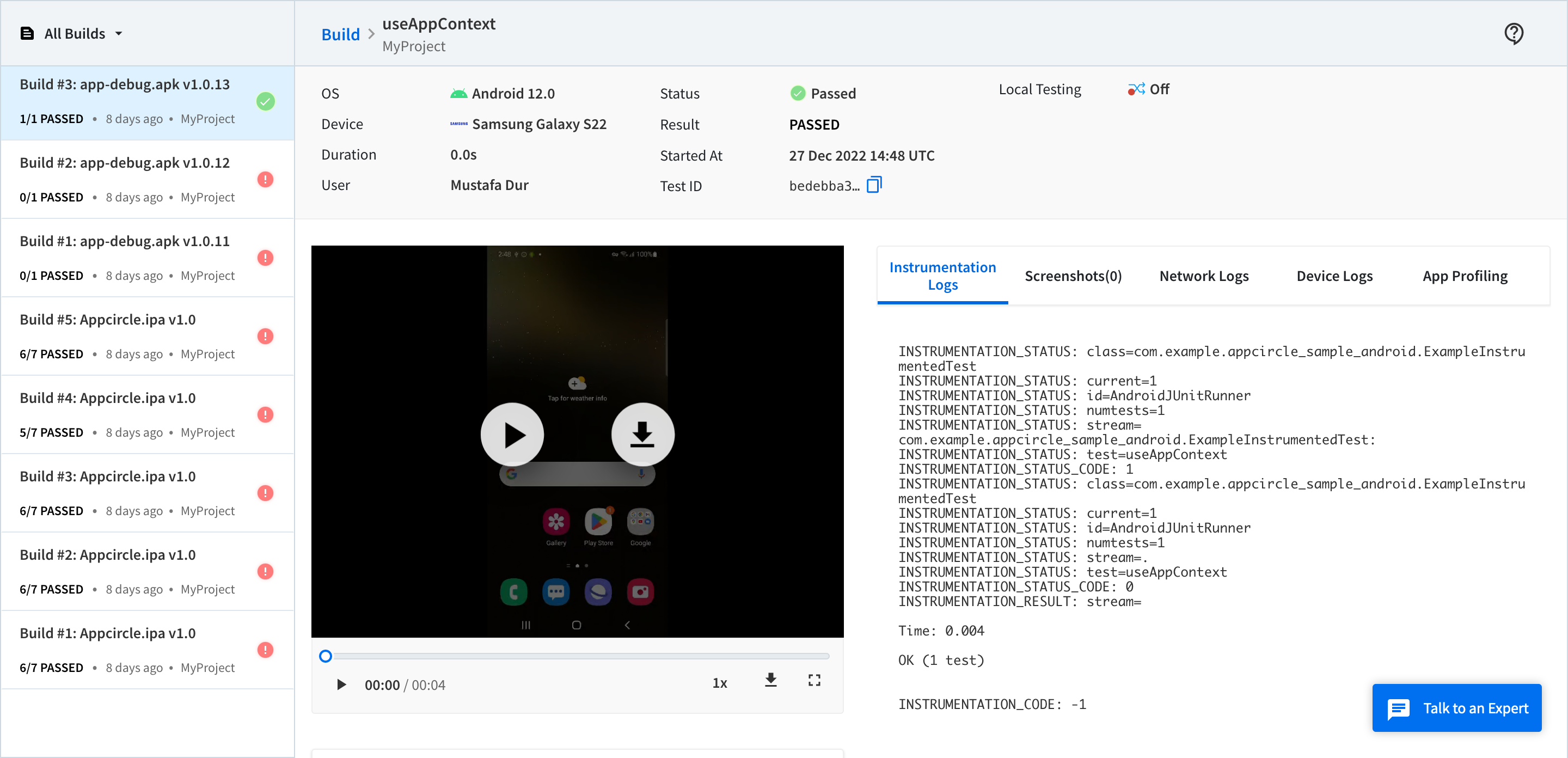 Passed Android App Tests on BrowserStack