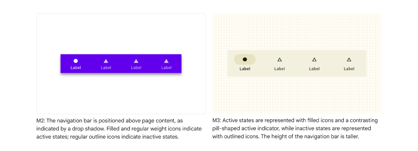 Navigation Bar for Material Design 2 vs Material Design 3