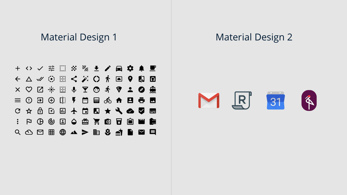Icons for Material Design vs Material Design 2