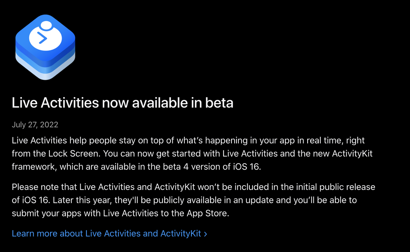 Live activities Beta announcement