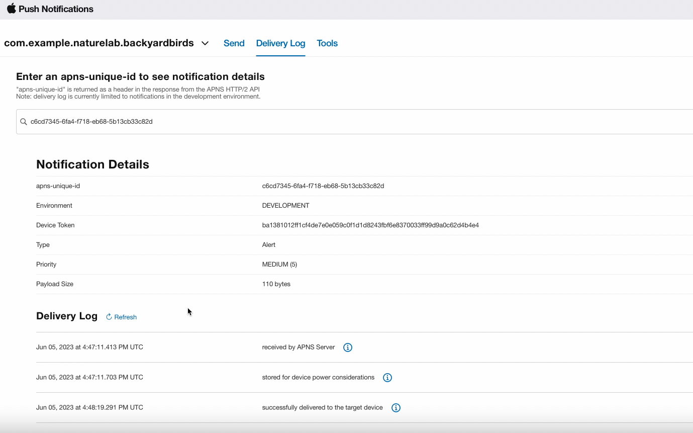 push notification console delivery log