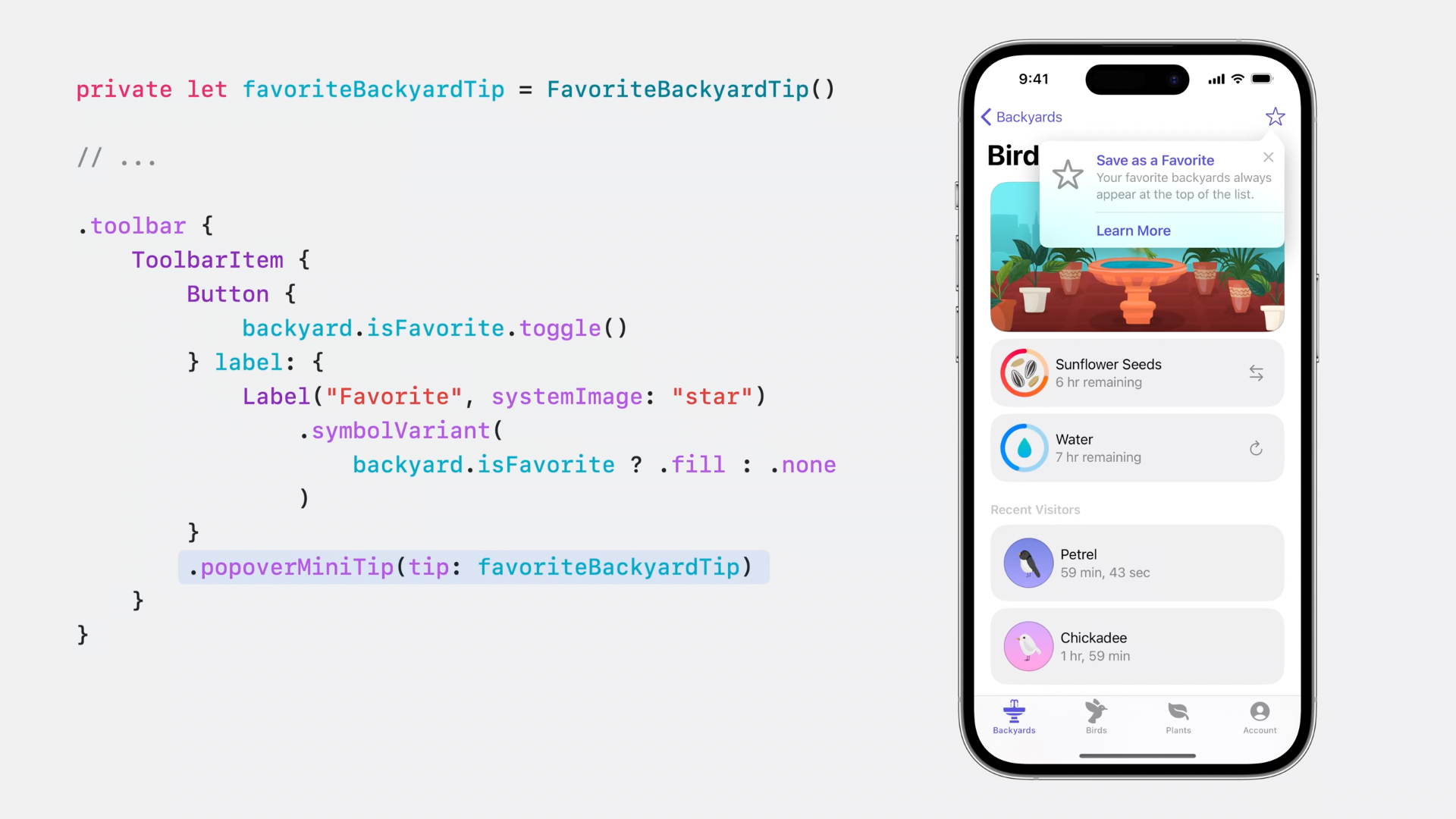 TipKit code example and emulator