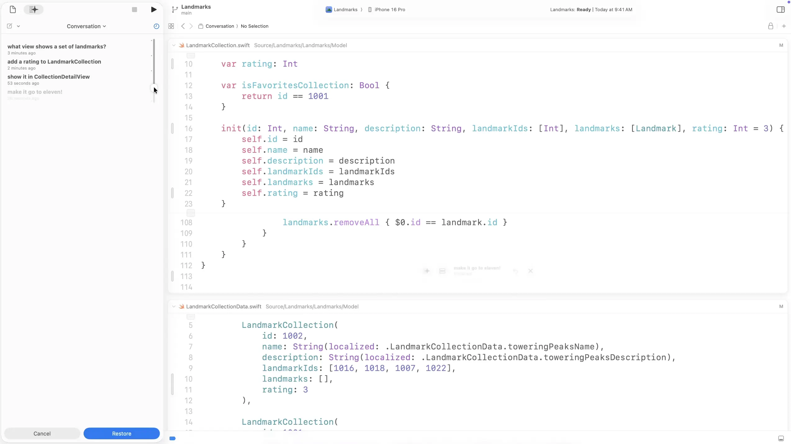 Change history and rollback feature with code snapshots